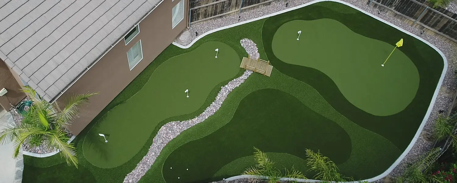 Drone shot of artificial grass putting green from SYNLawn